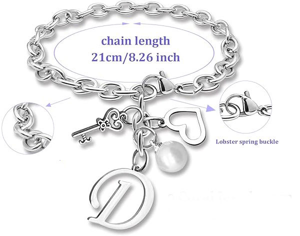 Charm Initial Bracelet with Pearl & Key – 925 Sterling Silver