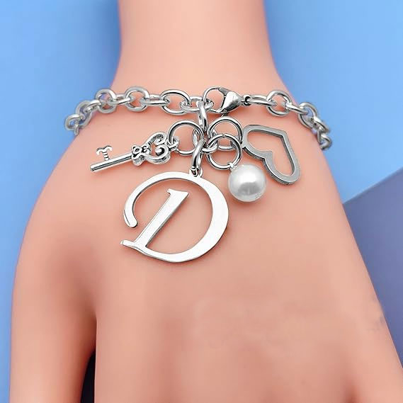 Charm Initial Bracelet with Pearl & Key – 925 Sterling Silver