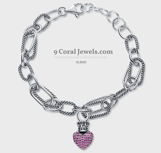 925% Sterling Silver  Heart Charm Bracelet