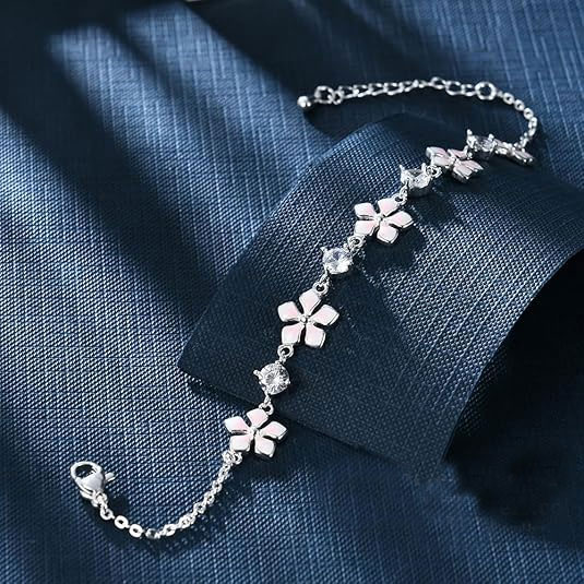 925 Sterling Silver Pink Enamel Flower & CZ Bracelet