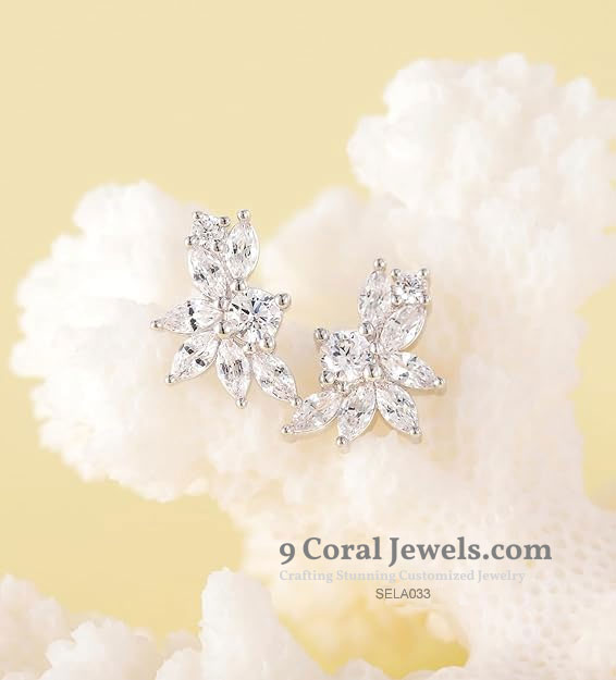 925% Sterling Silver Marquise Cubic Zirconia Cluster Stud Earrings