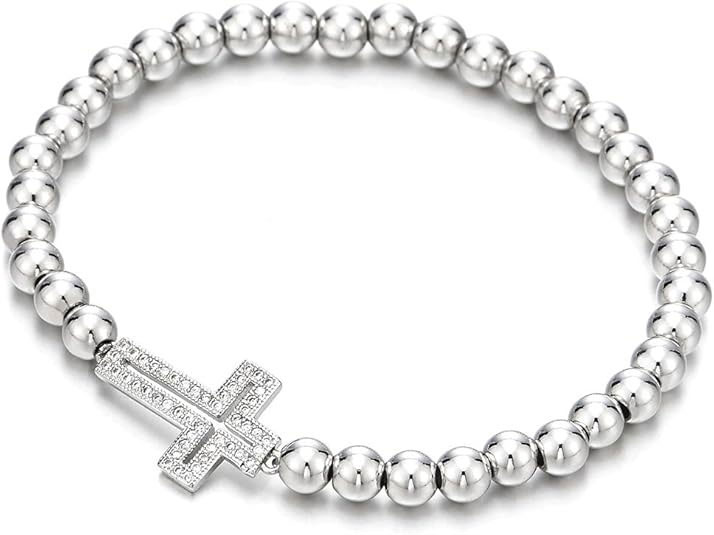 Silver Beaded Cross Bracelet