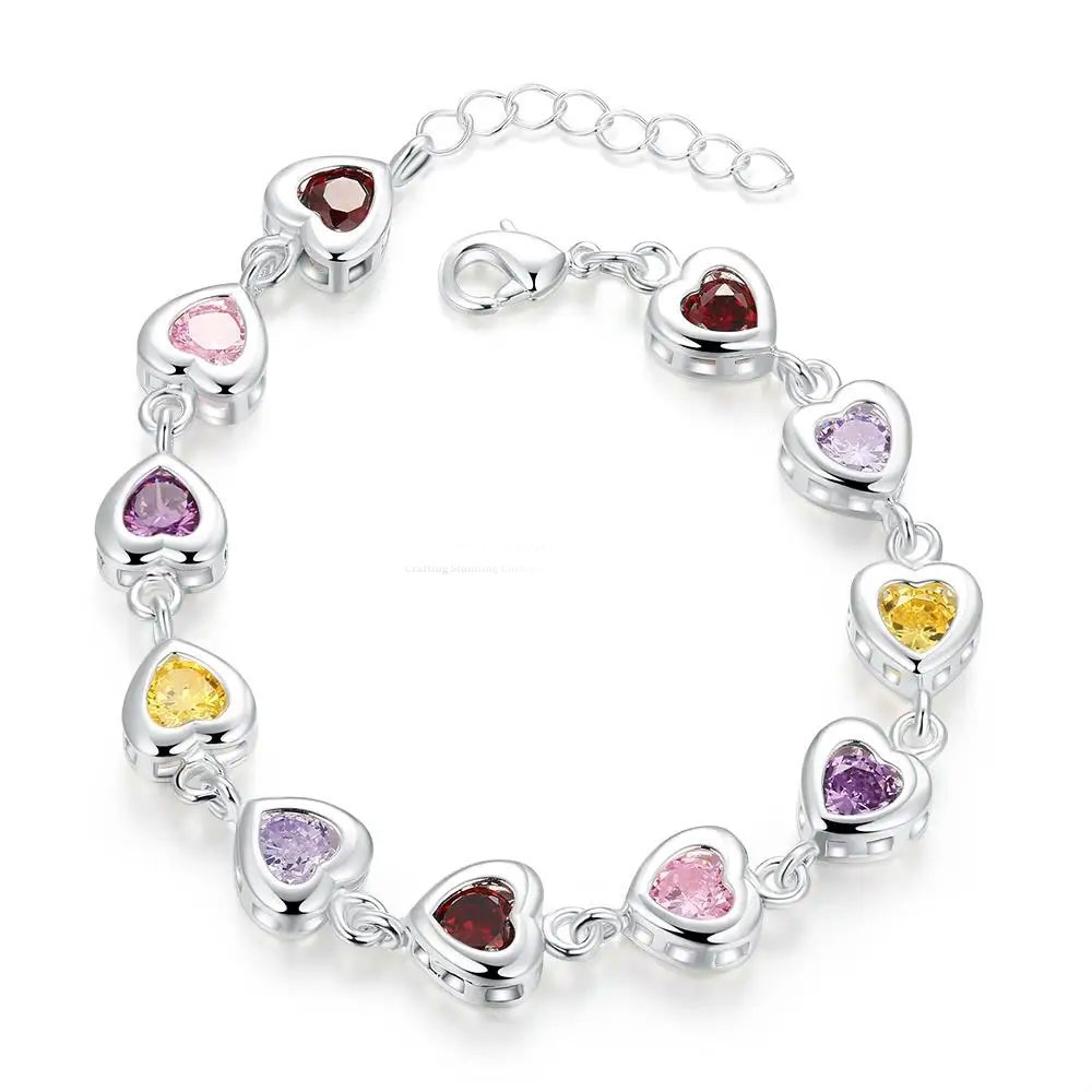 925% Sterling Silver Heart-Shaped Multicolor Gemstone Bracelet