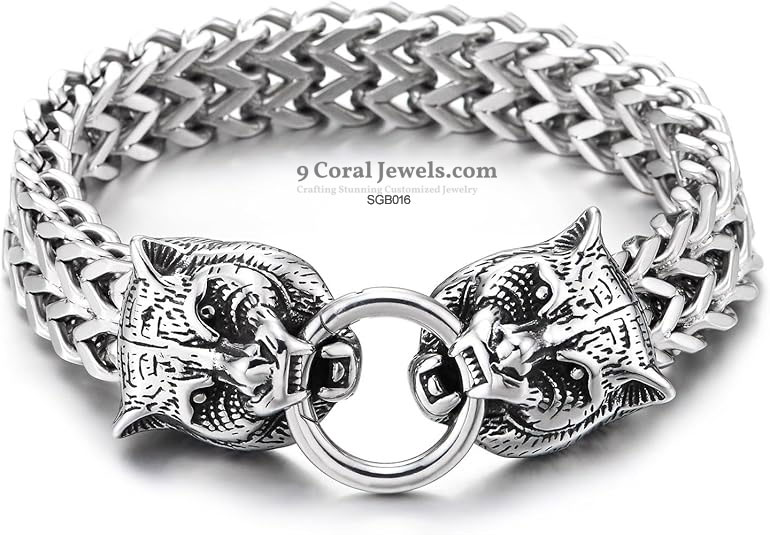 Men's 925% Sterling Silver Wolf Head Bracelet