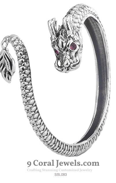 Sterling Silver Dragon Head Bangle with Red Eyes