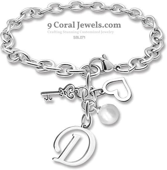 Charm Initial Bracelet with Pearl & Key – 925 Sterling Silver