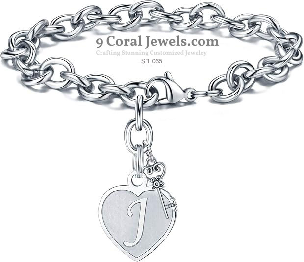 Sterling Silver Heart Initial Charm Bracelet – Customizable with Key Accent | SBL065