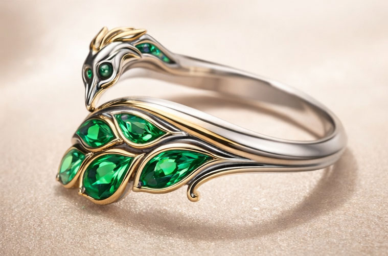 925% Sterling Silver Peacock Emerald Ring