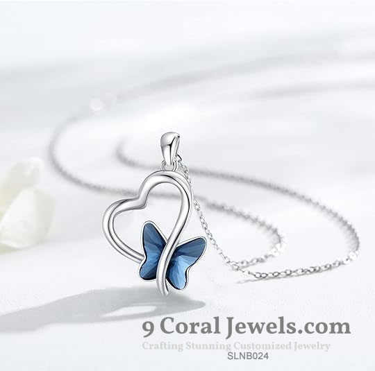 925% Sterling Silver Heart and Blue Butterfly Pendant Necklace
