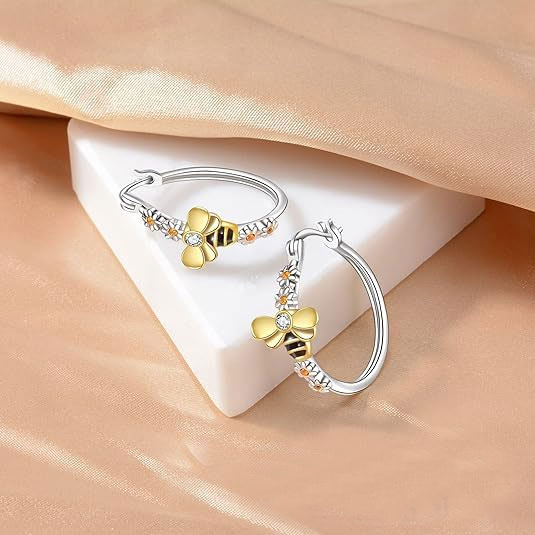 925% Sterling Silver Bee and Flower Hoop Earrings