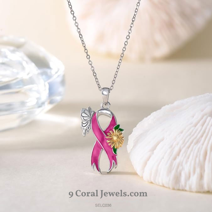 Pink Ribbon Butterfly Pendant Necklace