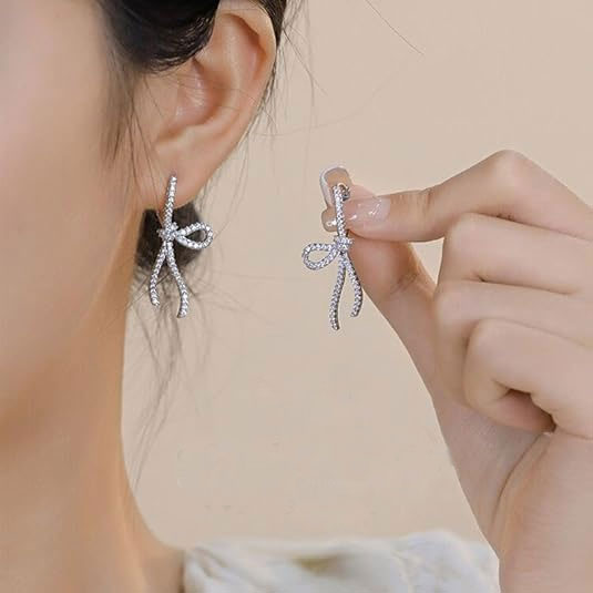 925% Sterling Silver Elegant Bow-Shaped CZ Earrings