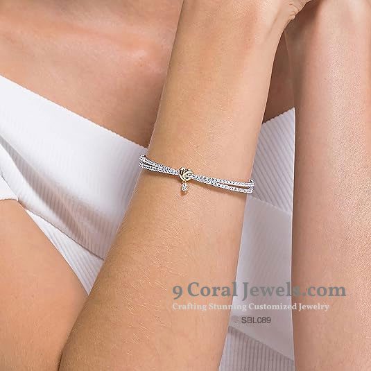 Romantic 925 Sterling Silver & Rose Gold Heart Bracelet with CZ Drop