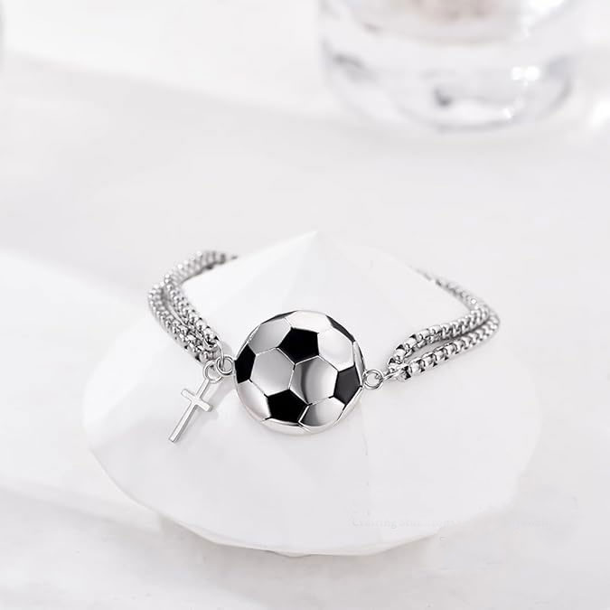 925 Sterling Silver Soccer Bracelet with Cross Charm & CZ Accents