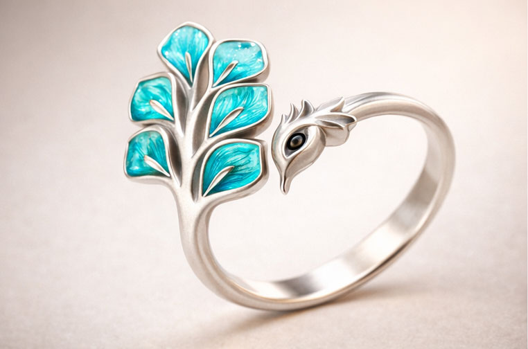 Peacock-Inspired Enamel Silver Ring