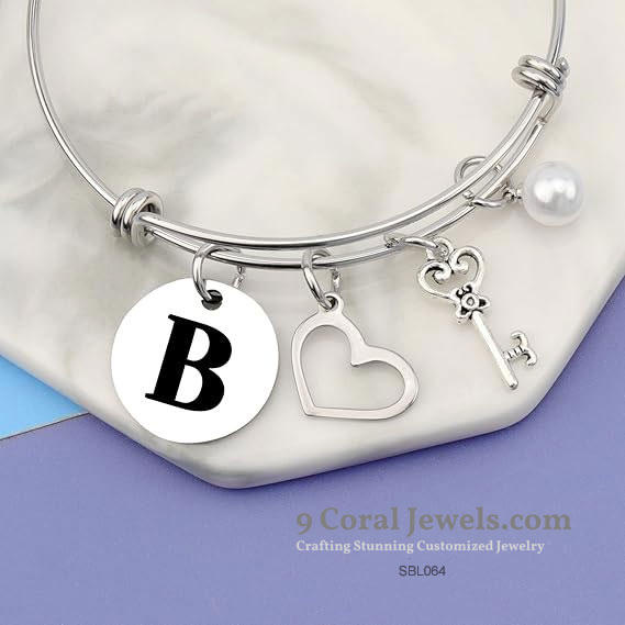 Sterling Silver Charm Bracelet – Custom Initial, Heart, Key & Pearl - SBL064