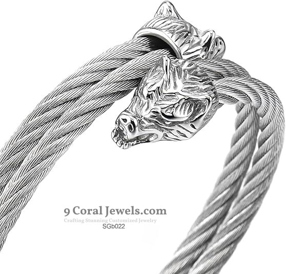 Silver Twisted Cable Wolf Head Bracelet