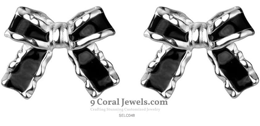 925% Sterling Silver Black Bow Earrings