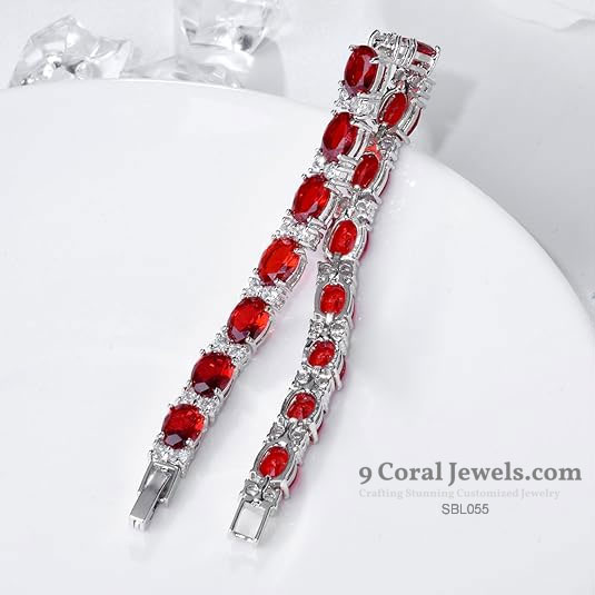 925 Sterling Silver Red Oval CZ Tennis Bracelet