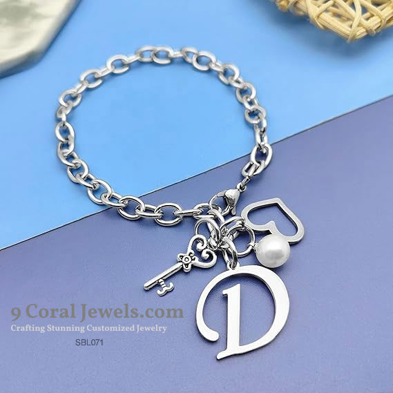 Charm Initial Bracelet with Pearl & Key – 925 Sterling Silver