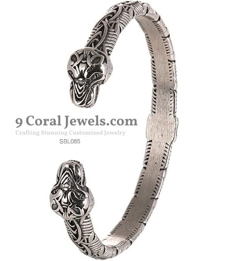 925 Sterling Silver Viking Wolf Head Cuff Bracelet