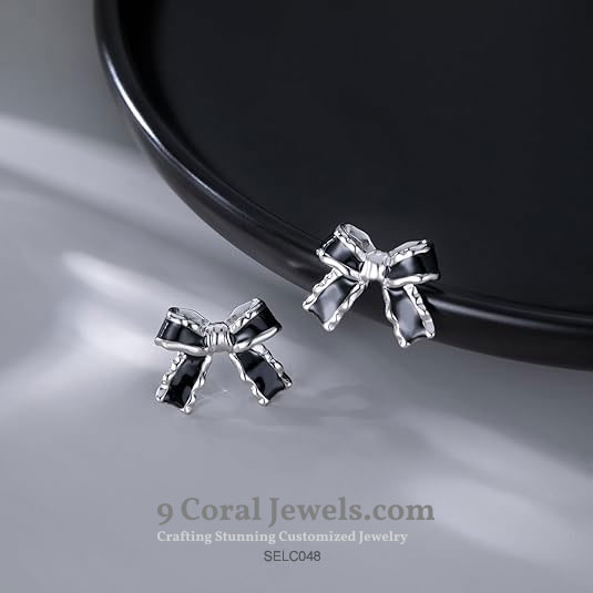 925% Sterling Silver Black Bow Earrings