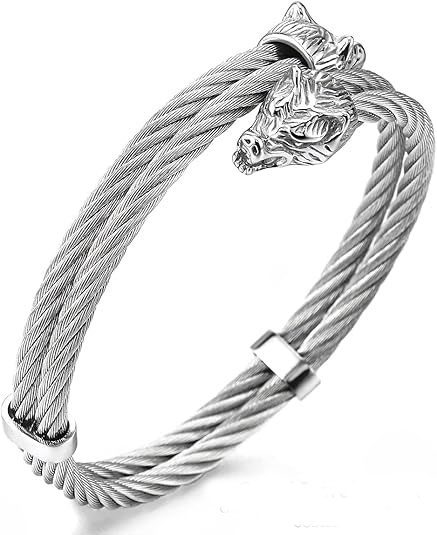 Silver Twisted Cable Wolf Head Bracelet