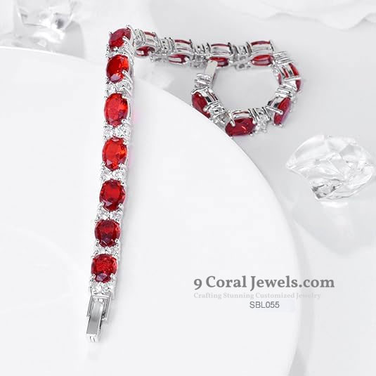 925 Sterling Silver Red Oval CZ Tennis Bracelet