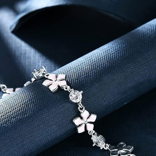 925 Sterling Silver Pink Enamel Flower & CZ Bracelet