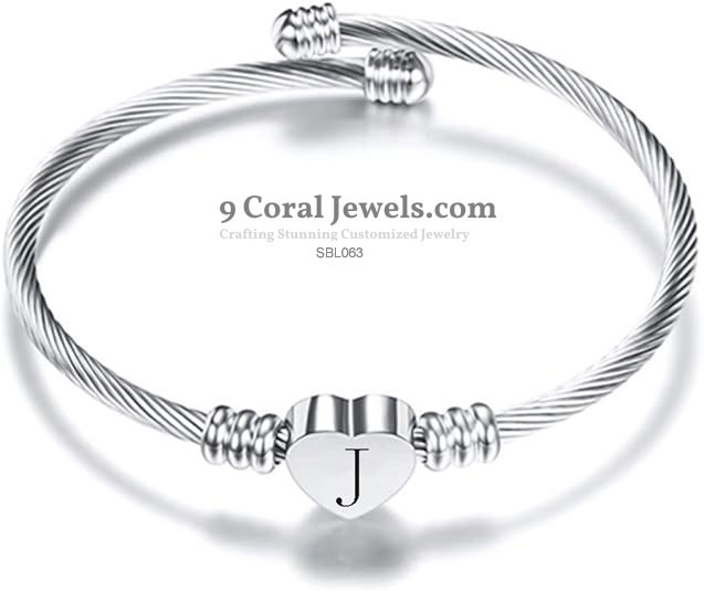 925 Sterling Silver Heart Initial Cable Wire Bracelet – SBL063