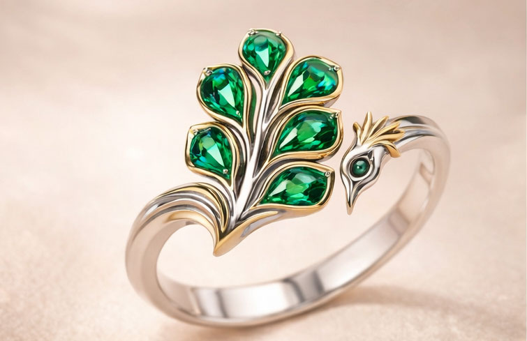 925% Sterling Silver Peacock Emerald Ring