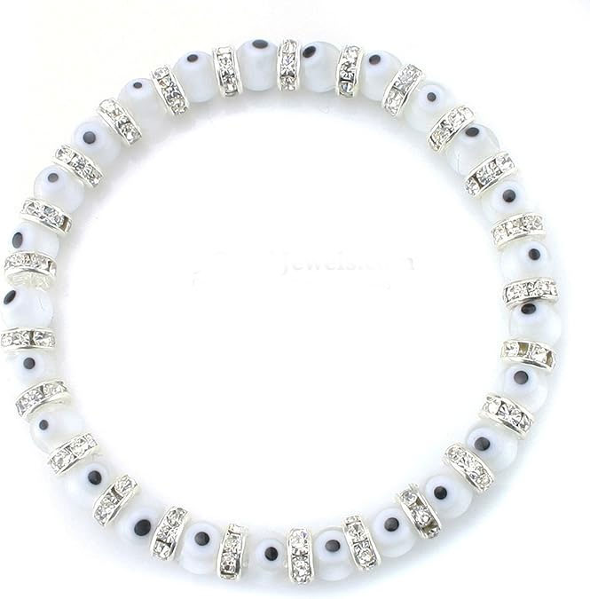 White Evil Eye Beaded Stretch Bracelet with CZ Spacers