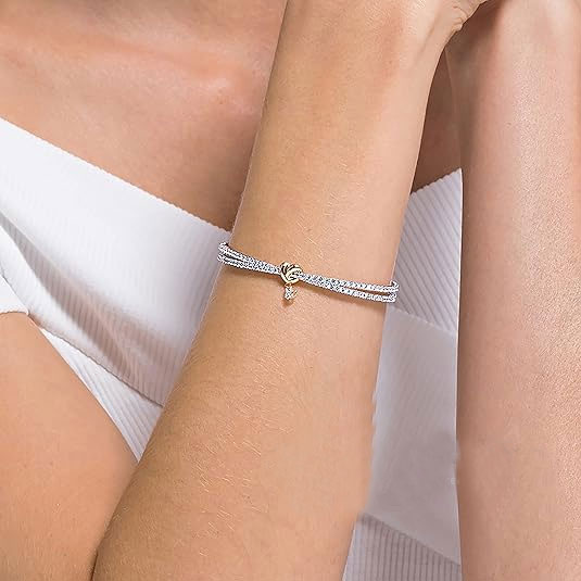 Romantic 925 Sterling Silver & Rose Gold Heart Bracelet with CZ Drop