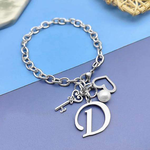 Charm Initial Bracelet with Pearl & Key – 925 Sterling Silver