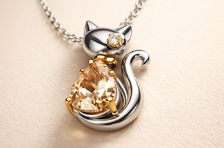 925% Sterling Silver Cat Crystal Pendant Necklace