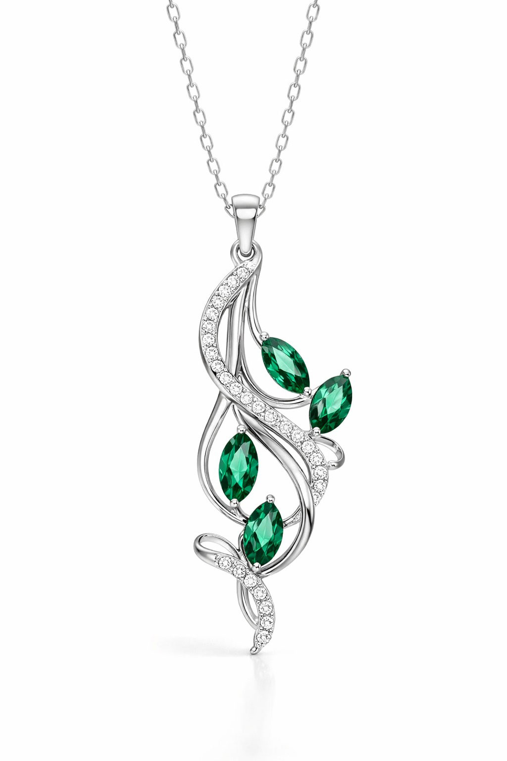925% Sterling Silver Emerald Leaf Pendant Necklace