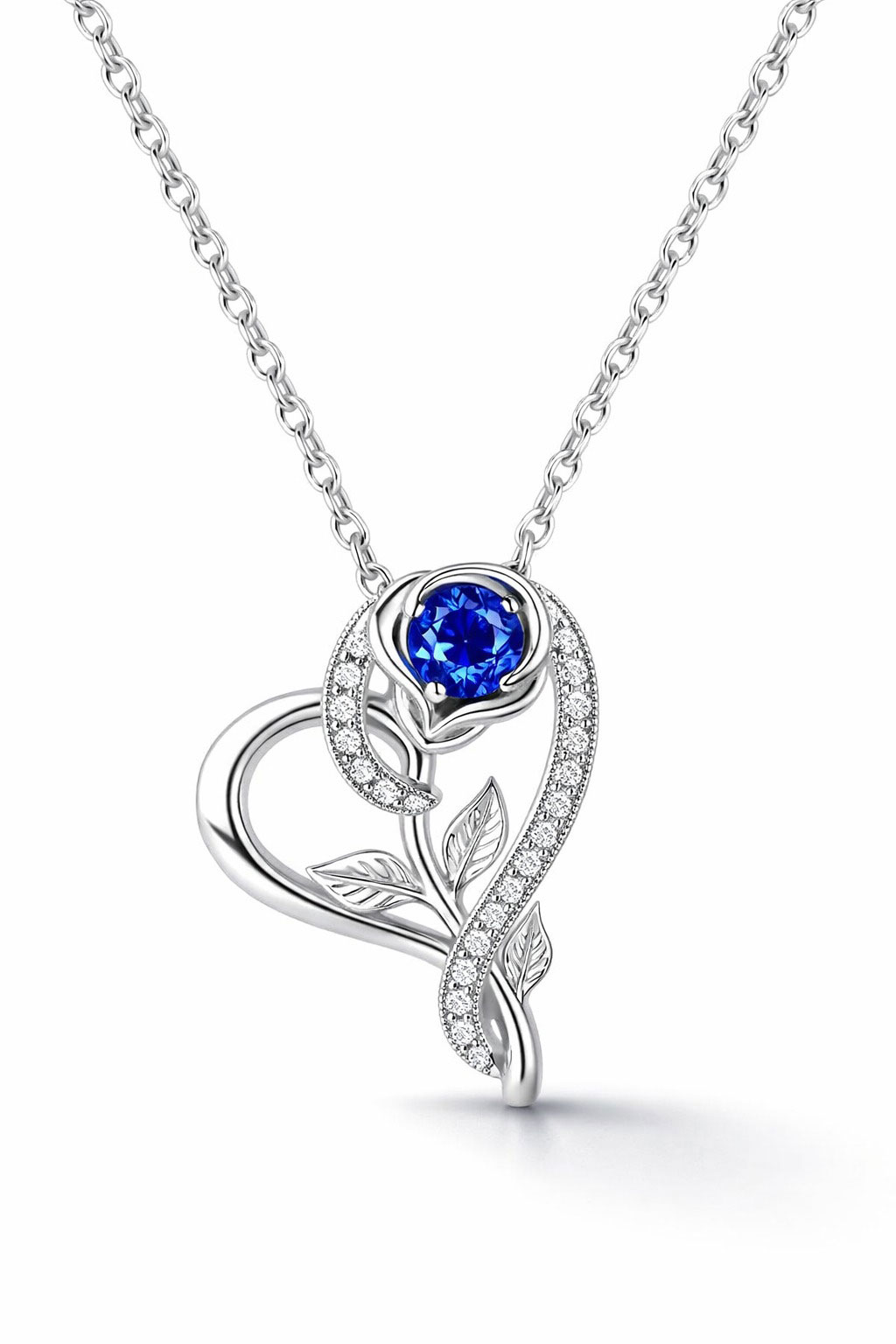 925% Sterling Silver Sapphire Heart Pendant Necklace