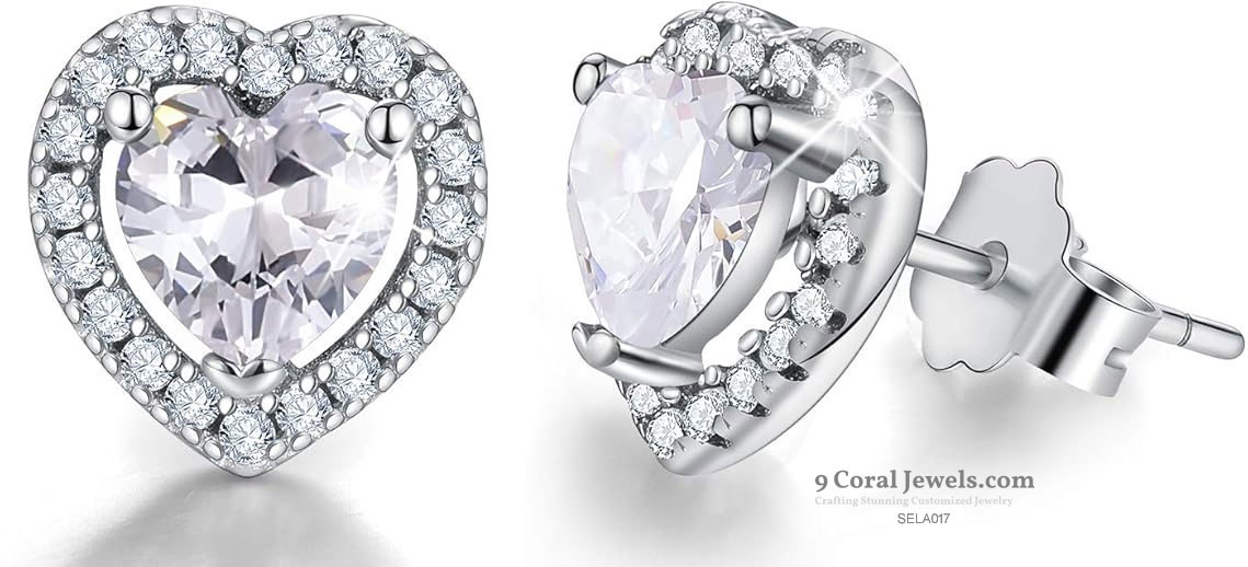 925% Sterling Silver Heart-Shaped Crystal Stud Earrings
