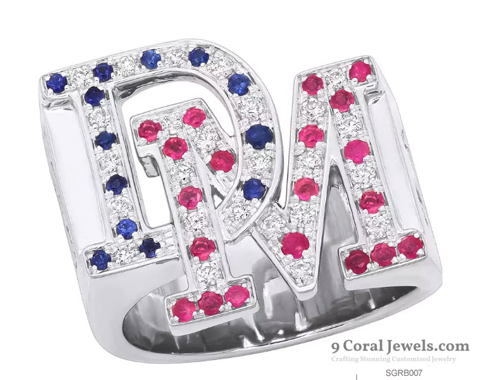 925% Sterling Silver Initials DM Gemstone Ring