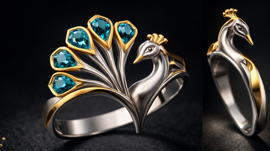 925% Sterling Silver Peacock Gemstone Ring