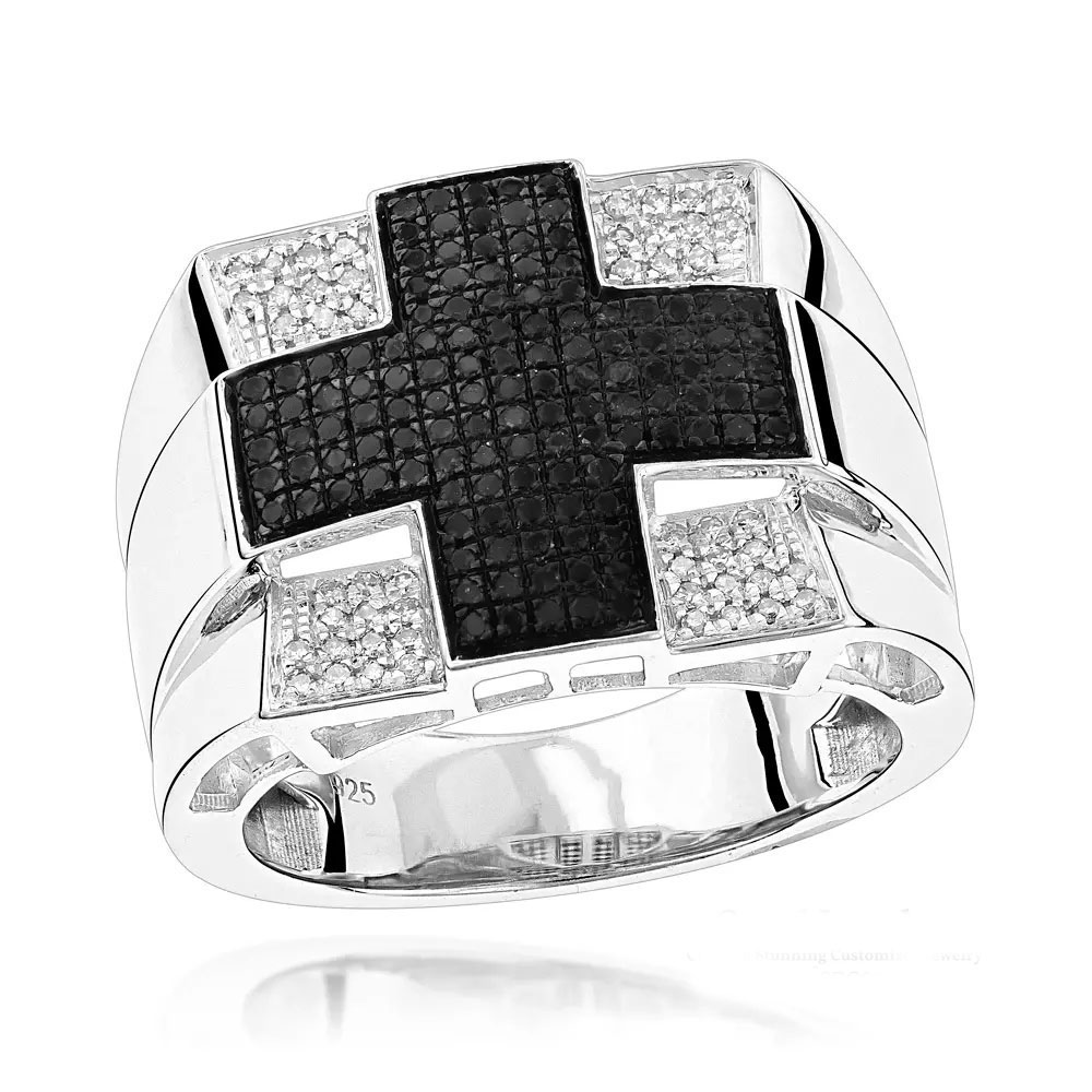 Men's Silver Ring with Black Cross
