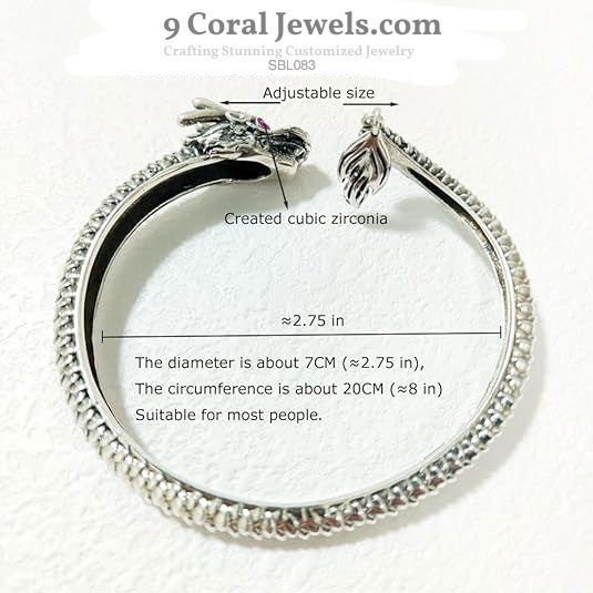 Sterling Silver Dragon Head Bangle with Red Eyes