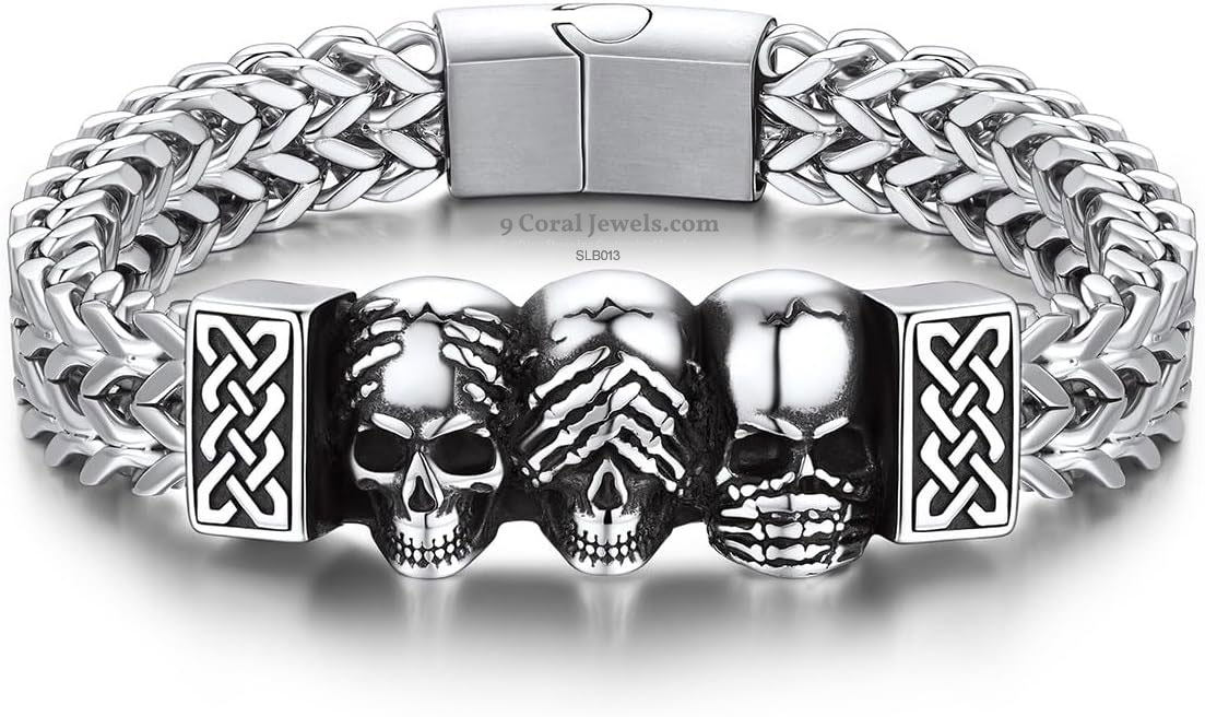 Three Skulls 925% Sterling Silver Bracelet