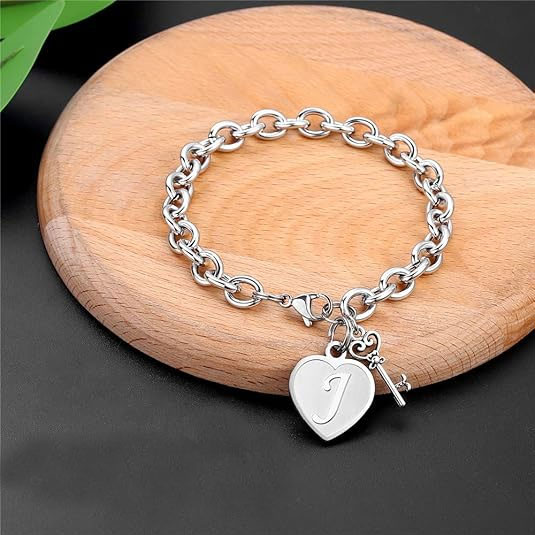Sterling Silver Heart Initial Charm Bracelet – Customizable with Key Accent | SBL065