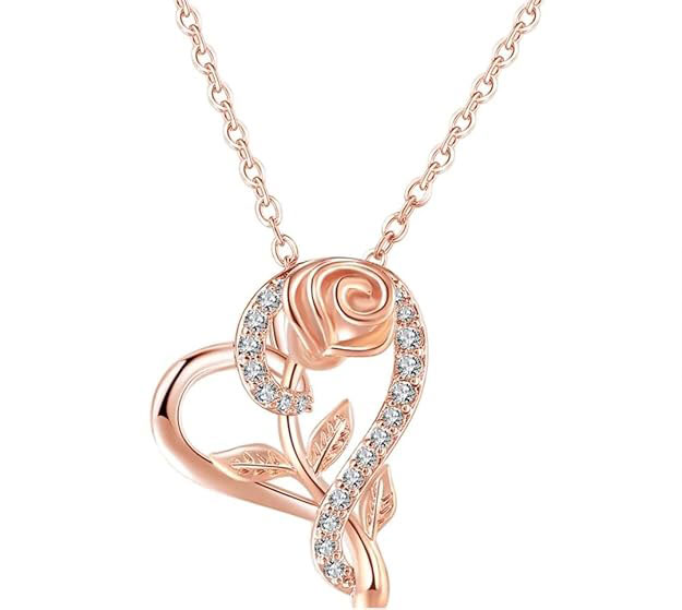 Rose Heart Pendant Necklace - Sterling Silver