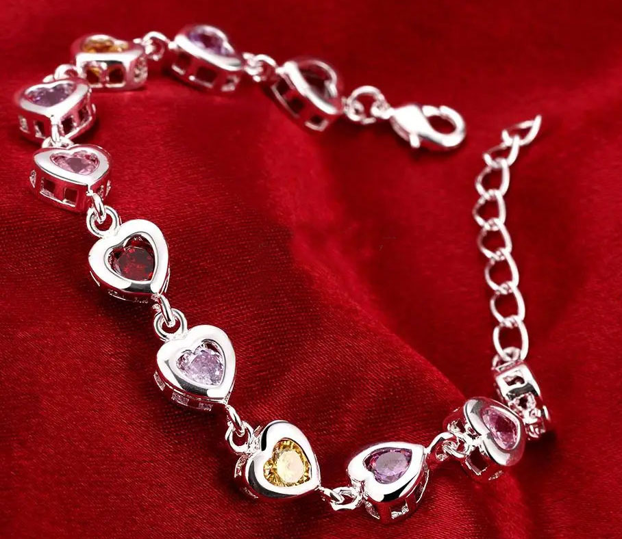 925% Sterling Silver Heart-Shaped Multicolor Gemstone Bracelet
