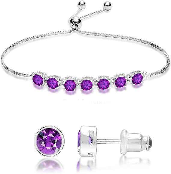 925 Sterling Silver Purple CZ Bracelet & Stud Earrings Set – SBL059