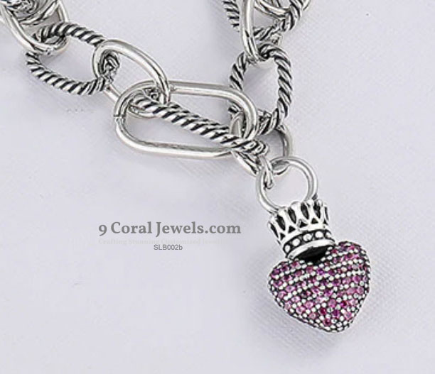 925% Sterling Silver  Heart Charm Bracelet