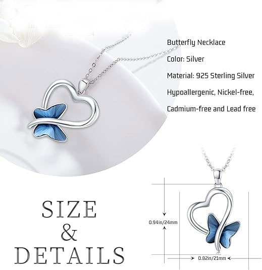 925% Sterling Silver Heart and Blue Butterfly Pendant Necklace