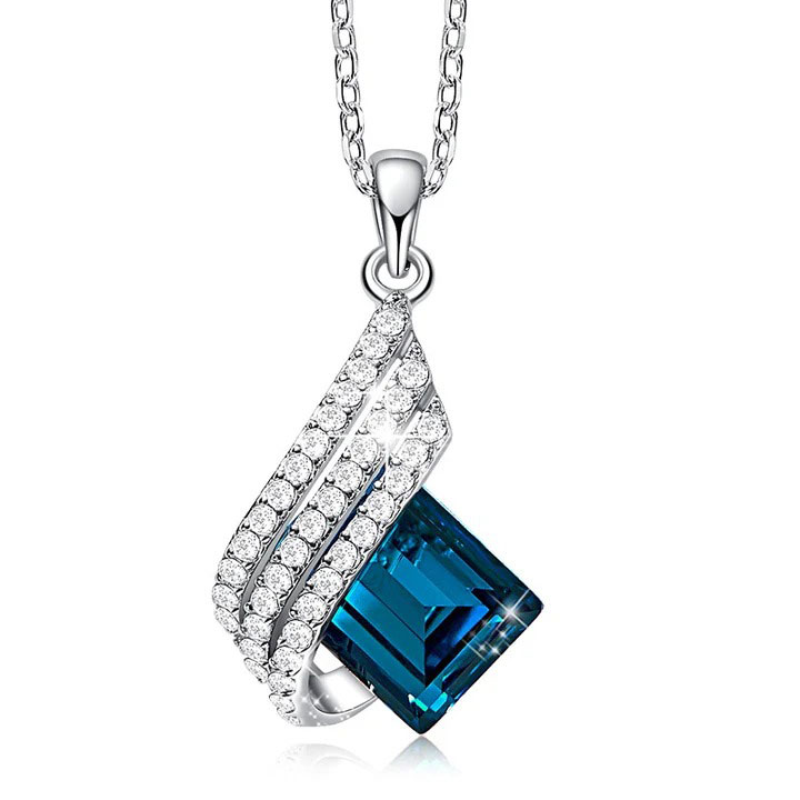 Elegant Blue Crystal Pendant Necklace - Sterling Silver